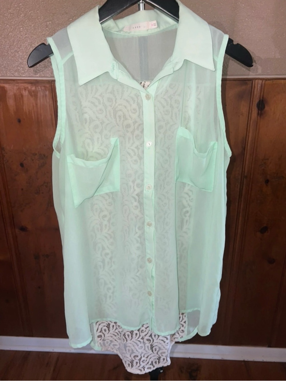 Lush Mint Green Sheer Blouse White Lace Back Button Down Sleeveless Top Size M